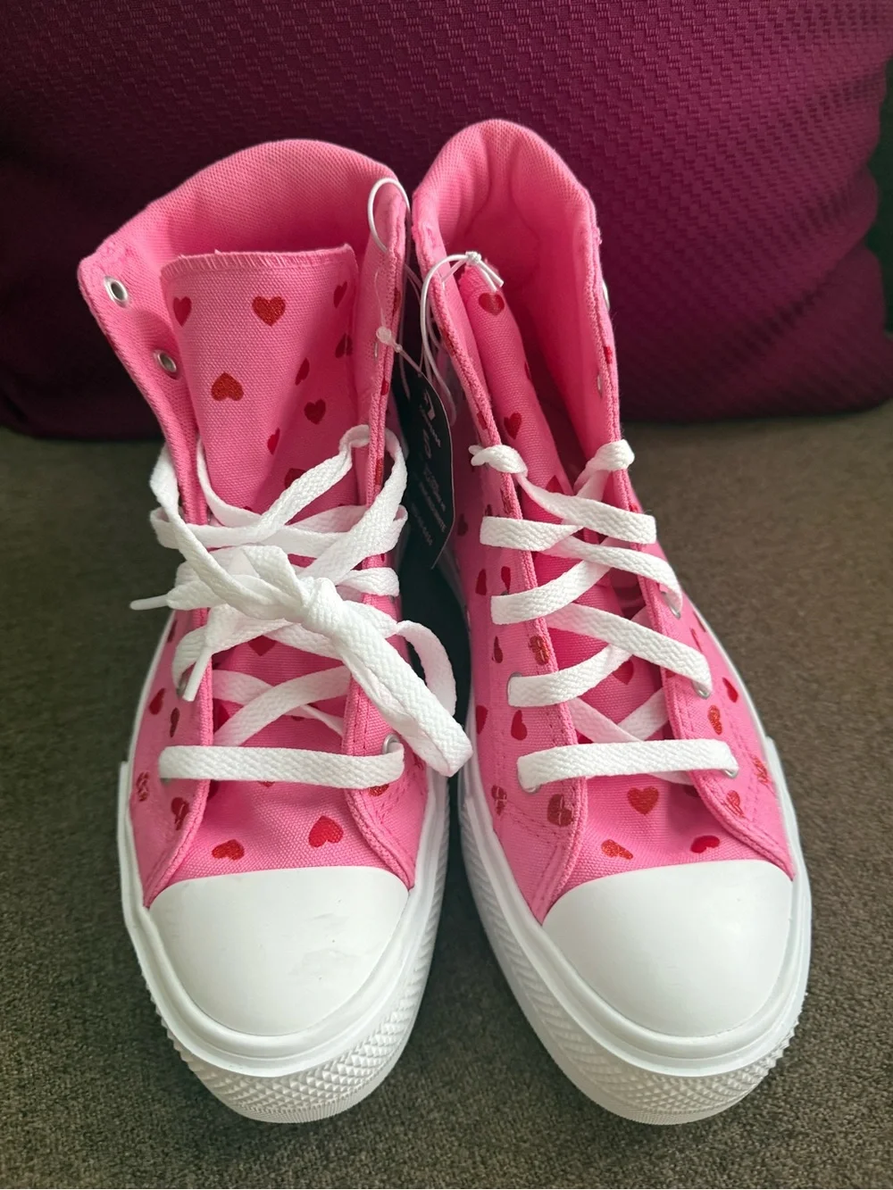 Girls Pink High-Top Heart Print Canvas Sneakers